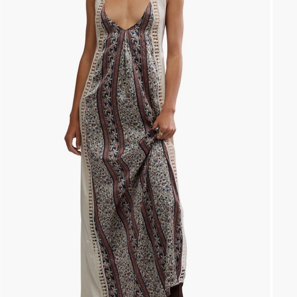 Free People Chic Backless Maxi Dress in Cream and Brown.